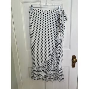 Express Women's S Wrap Skirt Polka Dot Ruffle Hem Midi Chiffon White Black